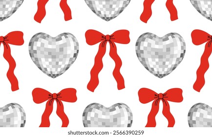 Seamless pattern with silver heart shaped disco balls and red hand drawn bows. Vector flat holiday background