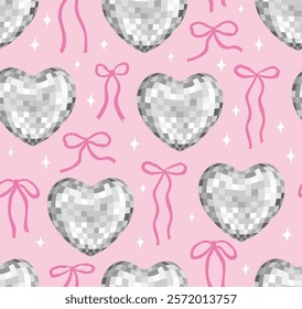 Seamless pattern with silver heart shaped disco balls and pink wavy bows. Vector flat holiday funky background