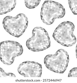 Seamless pattern with silver heart shaped disco balls. Vector flat holiday background	