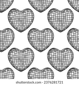 Seamless pattern with silver hearts. Vector disco balls background 