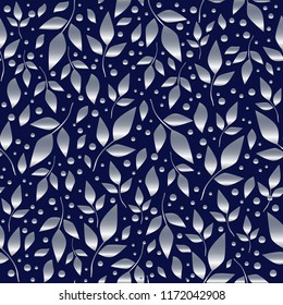 Seamless pattern with silver leaves and dots on blue background for decoration, wrapping paper, scrapbooking, decoupage, textile, wallpaper, cover, background, fabric, cover