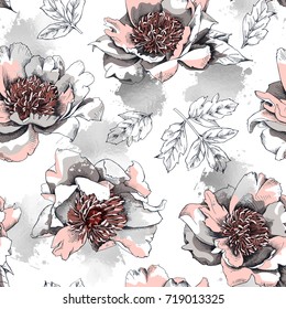 Seamless pattern with a silver and light pink Peony flowers and leaves. Vector illustration.