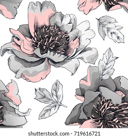 Seamless pattern with a silver and  light pink Peony flowers and leaves. Vector illustration.