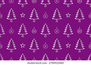 Seamless pattern of silver line-art illustrations of Christmas trees, stars, and ornaments arranged across a rich purple background.