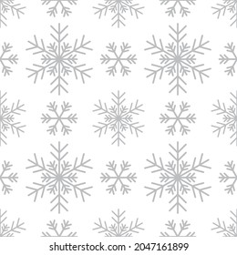 Seamless pattern with silver snowflakes on white background. Festive winter traditional decoration for New Year, Christmas, holidays and design. Ornament of simple line repeat snow flake