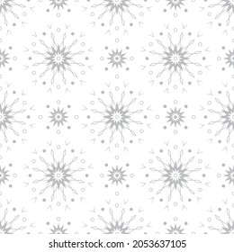 Seamless pattern with silver snowflakes on white background. Festive winter traditional decoration for New Year, Christmas, holidays and design. Ornament of simple line repeat snow flake