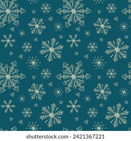Вeautiful seamless pattern of  silver snowflakes on a blue background. New Year's festive theme. Vector design for winter decor, print, wallpaper, packaging, web design, textiles, covers, invitations