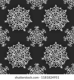 Seamless pattern with silver snowflakes with shiny texture, glitter snowflakes on dark background, pattern for your design. Vector illustration