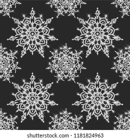 Seamless pattern with silver snowflakes with shiny texture, glitter snowflakes on dark background, pattern for your design. Vector illustration