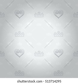 Seamless pattern with silver tiara and lovely heart ornament signs in style of fashion on retro white shaded background with line tile fill out. Decorative seamless carpet, cover, wrapping design.