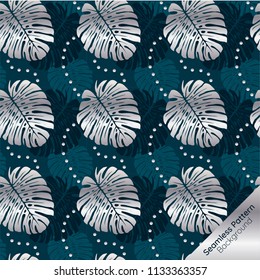 Seamless pattern of silver tropical leaves and dotted lines on dark blue background 