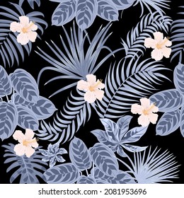 Seamless pattern with silver tropical palm leaves and flowers on black background.  Floral decorative illustration vector, for print design