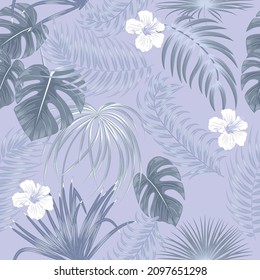 Seamless pattern with silver tropical palm leaves and flowers on white background.  Floral decorative illustration vector, for print design