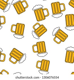 Seamless pattern of simple abstract alcoholic beer glass glasses with handles of a hops-headed cold tasty beer icons beer for a bar on a white background. Vector illustration.