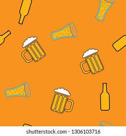 Seamless pattern of simple abstract alcoholic glass glasses of delicious foamy craft beer in glasses and bottles, bar icons on yellow background. Vector illustration.