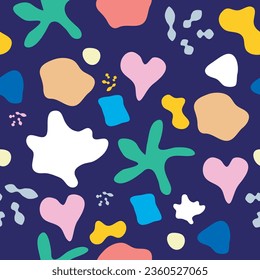 Seamless pattern with simple abstract colorful shapes resembling hearts, star, blots, uneven circles, or squares, executed in a doodle style. Vector graphics for fabric, backgrounds, or paper