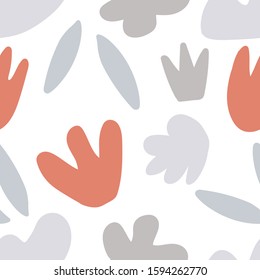 Seamless pattern with simple abstract floral shapes isolated on white background. Cute geometric pattern in trendy colors. Hand drawn elements in minimal style. Design for wrapping, poster, textile.