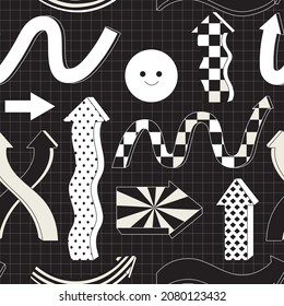 Seamless pattern with simple abstract geometric shapes and arrows in modern contemporary style perfect for package design, textile or fabric print background. Repeat texture with trendy badges.