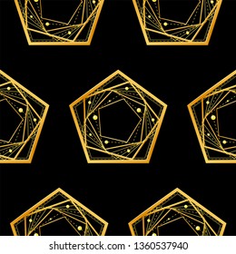 Seamless pattern. Simple abstract golden geometric shapes from intersecting lines, pentagons on black background. Eps10 vector illustration.