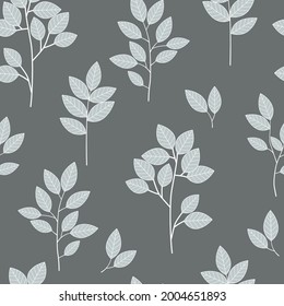 The seamless pattern is simple abstract, minimalistic. Leaves, branches of trees in random order. Natural modern Scandinavian ornament. Vector graphics.