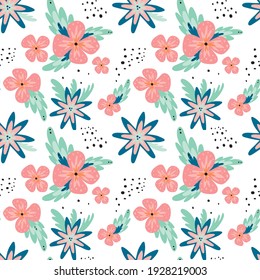 Seamless pattern with simple abstract Pink,blue flowers,green leaves on a white background. Illustration can be used for print,textile,fabric,wrapping paper,design a web site.