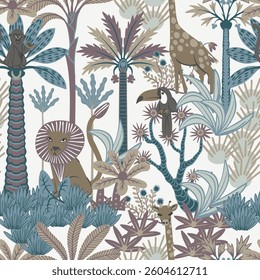 Seamless pattern with simple animals, trees and plants. Tropical jungle vector for kids
