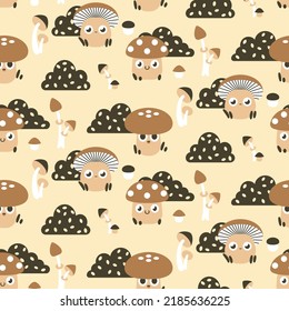 Seamless pattern with simple autumn forest, cute cartoon characters of mushrooms, leaves, bushes. Surface design with funny mushrooms in brown. Vector illustration.