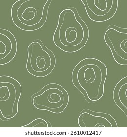 seamless pattern with a simple avocado icon drawn with one black line in line art style on a green background
