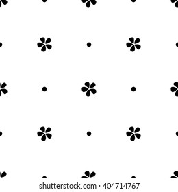 Seamless pattern with simple black flowers and dots on white background/ Vintage background/ Hand drawn vector illustration