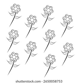 A seamless pattern of simple black line art flowers, each with curved petals, slender stems, and two leaves on a white background