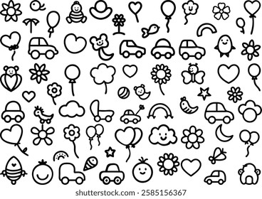 A seamless pattern of simple, black outline illustrations depicting children's toys, activities, and objects. EPS-10.