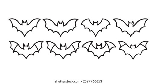 Seamless pattern of simple black outline bat silhouettes. icon set, vector illustration