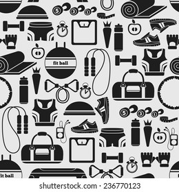 Seamless pattern of simple black sport icons for girls.  Vector illustration of fitness background