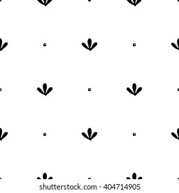 Seamless pattern with simple black sprouts and dots on white background/ Vintage background/ Hand drawn vector illustration
