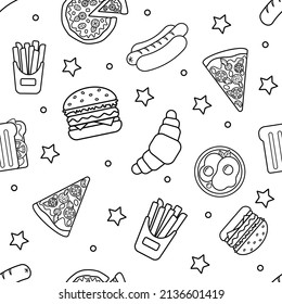 Seamless pattern of Simple black and white icons fast food. Hamburger, hot dog, French fries, pizza, croissant. Street food logo for menus, banners, packaging. Vector illustration   