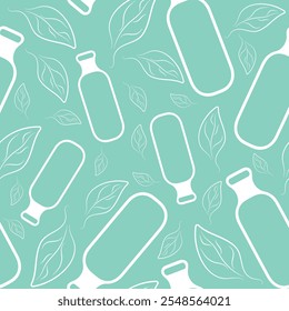 seamless pattern with simple black and white icons of semicircular cosmetic bottle and leaves on blue background