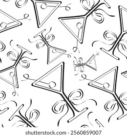 seamless pattern with a simple black and white icon of an original glass with a flower bud and a berry in it, design for valentine's day