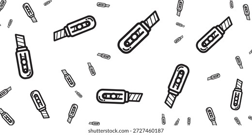 A seamless pattern of simple, black and white line art illustrations of utility knives scattered across a white background.