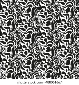 seamless pattern of simple black and white flowers leaves