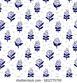 Seamless pattern with simple blue flat flowers. Vector floral background for fabric, textile, wrapper, wallpaper, surface design