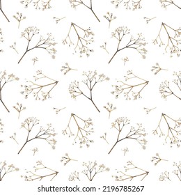 Seamless pattern with simple branches. Sketch, beige lines on a white background. For textiles, modern decor.Branch, flower, leaf. Seamless Pattern. Vector illustration