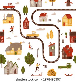 Seamless pattern with simple bright houses, trees, cars and characters. Summer time background. Top view map. Vector flat cartoon background.