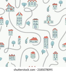 Seamless pattern with simple bright houses and trees. Winter time background. Top view map