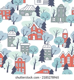 Seamless pattern with simple bright houses and trees. Winter time background.