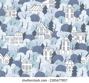 Seamless pattern with simple bright houses and trees. Winter time background.