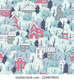 Seamless pattern with simple bright houses and trees. Winter time background.