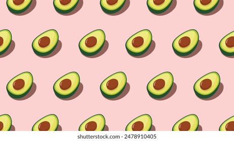 seamless pattern of simple cartoon avocado fruit on a plain pink background