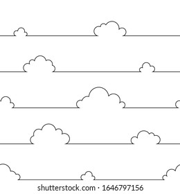 Seamless pattern with simple cartoon clouds in continuous line art drawing style. Black linear design on white background. Vector illustration