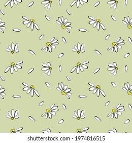 Seamless pattern with simple cartoon Set of chamomile flowers in doodle style. sketch with black lines and colored spots. Vector illustration isolated