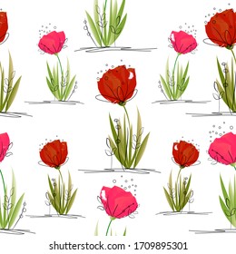 seamless pattern with simple cartoon vector watercolor floral drawing. Stylized pink red flower with green leaves and black strokes of lines. print for greeting card, design, fabric, card, invitation